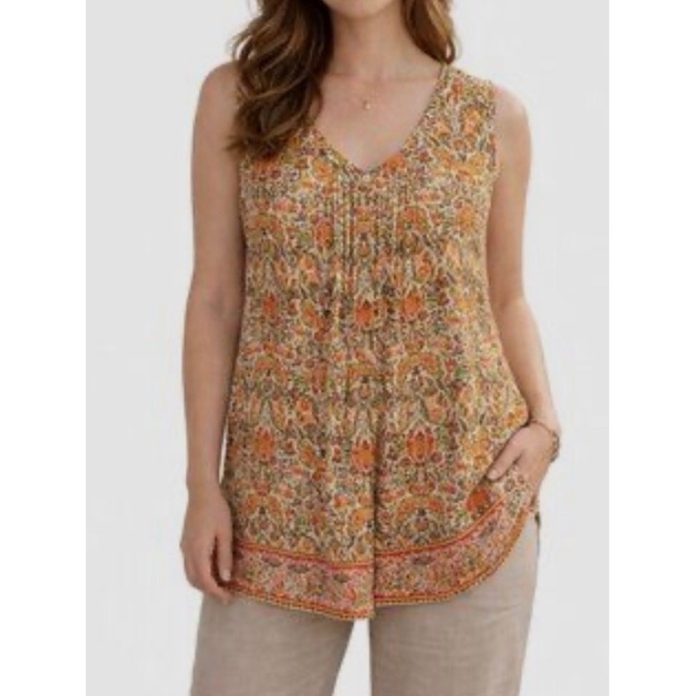 J. Jill Womens Medium Orange Pink Paisley Floral Pintuck Rayon Sleeveless Tunic‎